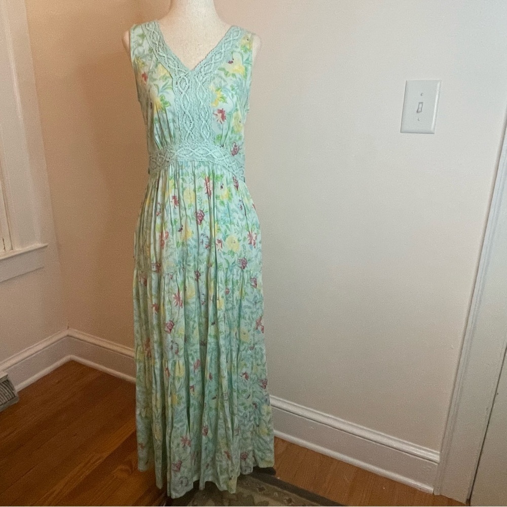 Vintage April Cornell Maxi Dress XXS Floral Crochet & Smocking Cottagecore